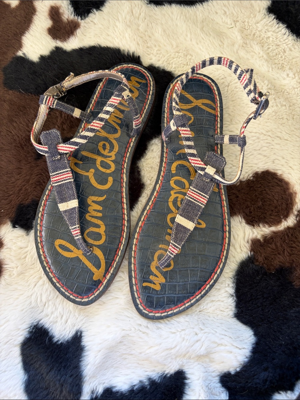 Sam Edelman Navy T-Strap Striped Sandals